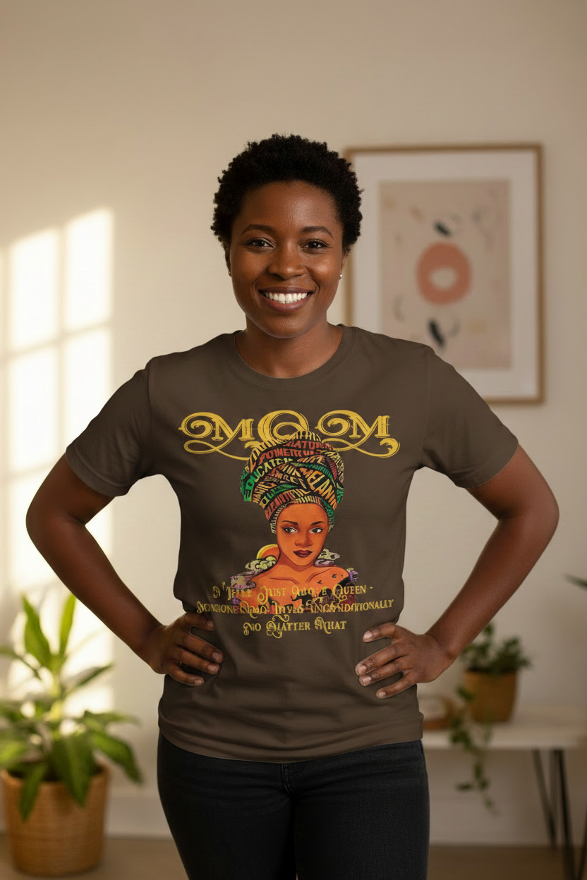 Illustration of a woman with a colorful headwrap and text on a white background