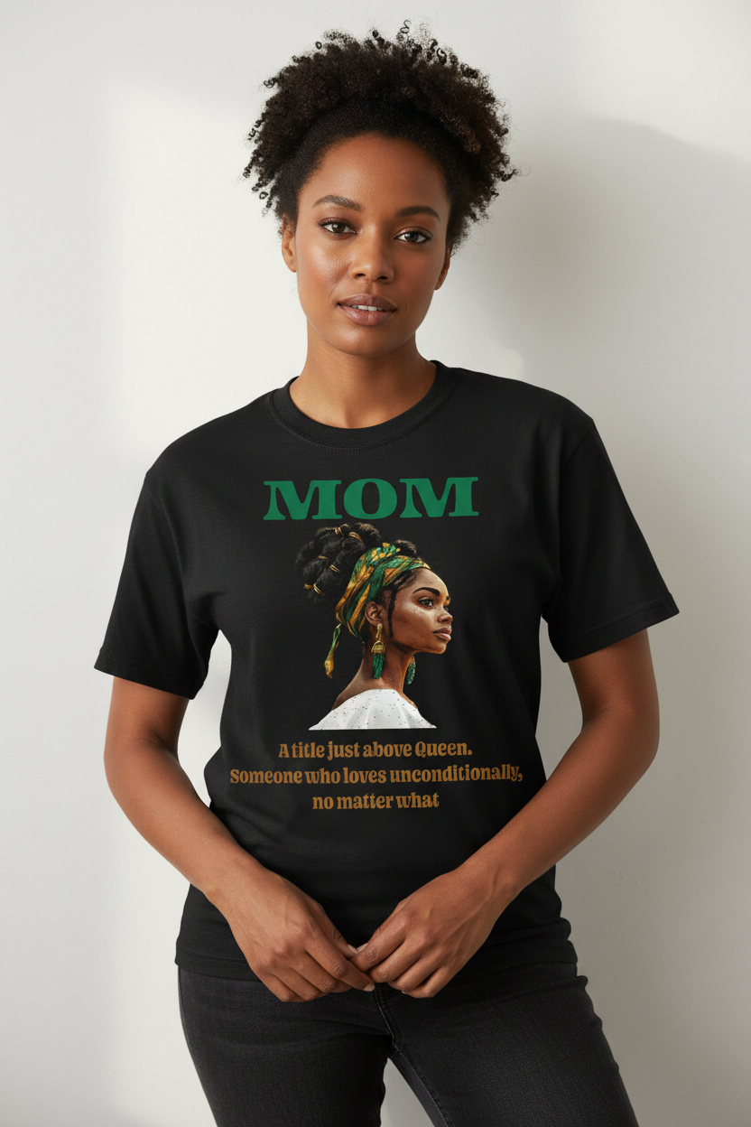 Woman with braided hair and headscarf with text 'MOM' and quote on a white background